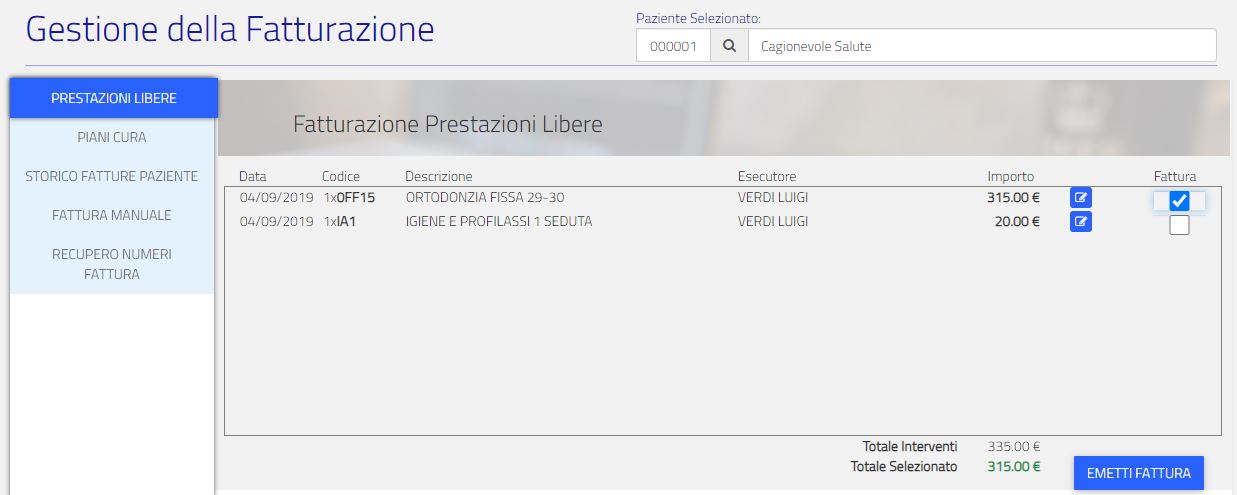 Fig.1 - Gestione della Fatturazione - Prestazioni singole non legate a Piani di Cura