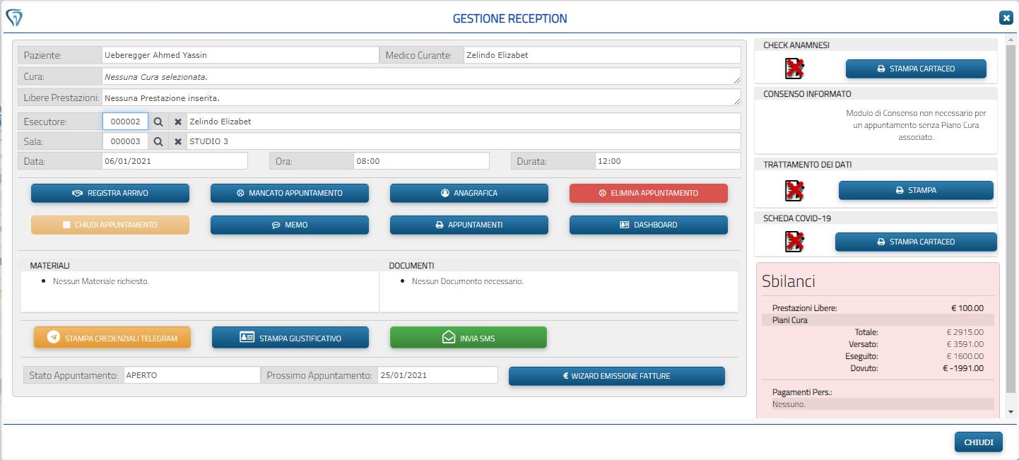 Il Pannello di Gestione Reception fornisce un contesto completo per la gestione della posizione del Paziente.
