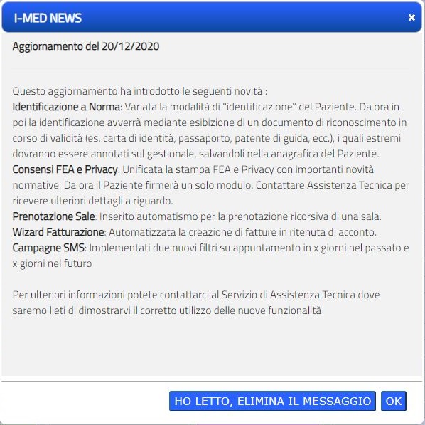 Messaggio informativo nel Software Gestionale riguardante l'installazione automatica degli aggiornamenti